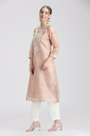 Beige Chanderi Embroidered Straight Kurta