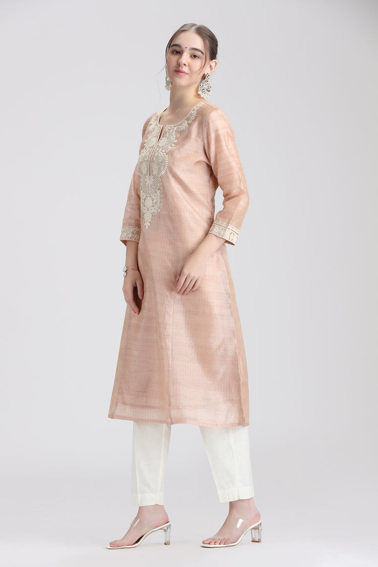 Beige Chanderi Embroidered Straight Kurta