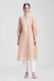 Beige Chanderi Embroidered Straight Kurta