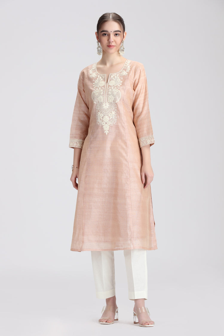 Beige Chanderi Embroidered Straight Kurta