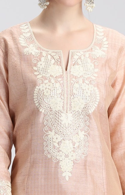 Beige Chanderi Embroidered Straight Kurta