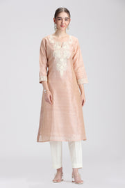 Beige Chanderi Embroidered Straight Kurta