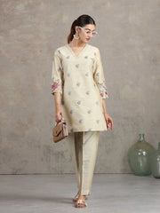 Beige Floral Embroidered Straight Co-ord Set