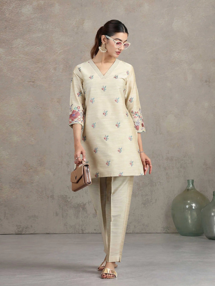 Beige Floral Embroidered Straight Co-ord Set