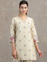 Beige Floral Embroidered Straight Co-ord Set