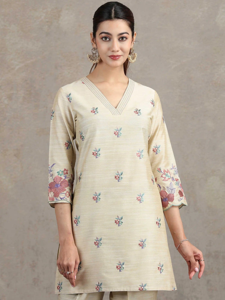 Beige Floral Embroidered Straight Co-ord Set