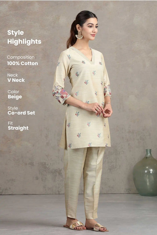 Beige Floral Embroidered Straight Co-ord Set