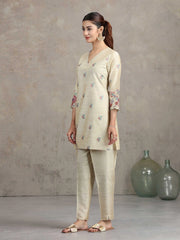 Beige Floral Embroidered Straight Co-ord Set