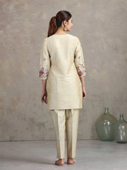 Beige Floral Embroidered Straight Co-ord Set
