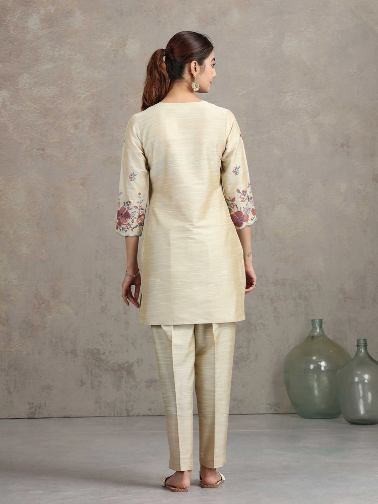 Beige Floral Embroidered Straight Co-ord Set
