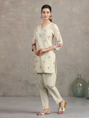 Beige Floral Embroidered Straight Co-ord Set
