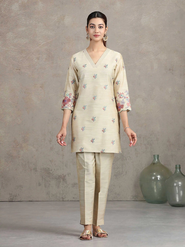 Beige Floral Embroidered Straight Co-ord Set