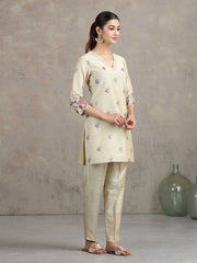 Beige Floral Embroidered Straight Co-ord Set