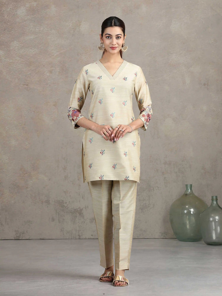 Beige Floral Embroidered Straight Co-ord Set