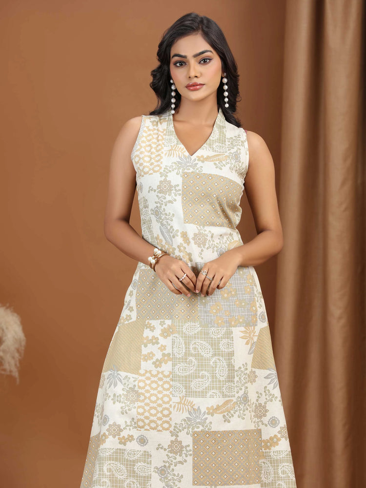 Beige Floral Printed Cotton A-Line Co-ord Set