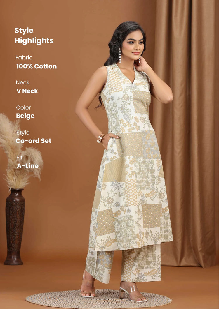 Beige Floral Printed Cotton A-Line Co-ord Set