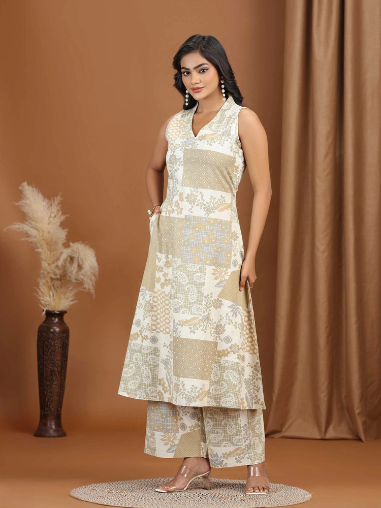 Beige Floral Printed Cotton A-Line Co-ord Set