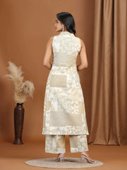 Beige Floral Printed Cotton A-Line Co-ord Set