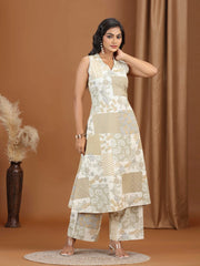 Beige Floral Printed Cotton A-Line Co-ord Set
