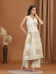 Beige Floral Printed Cotton A-Line Co-ord Set