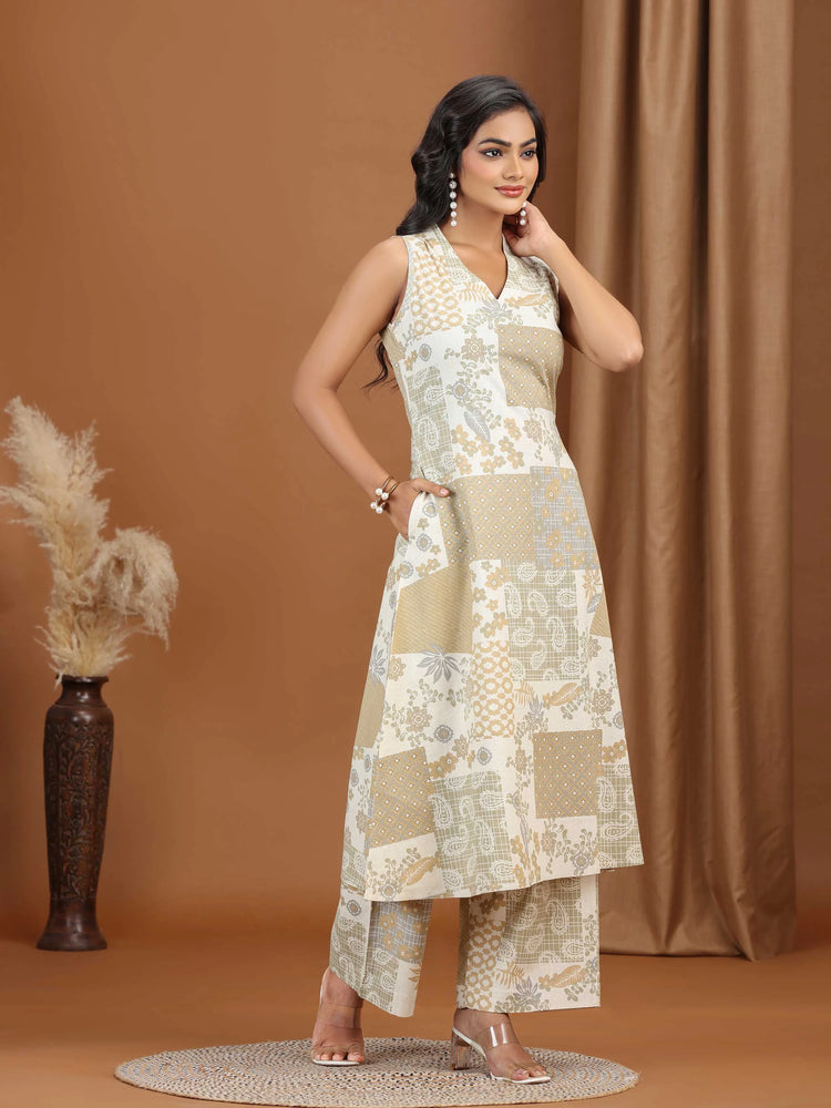 Beige Floral Printed Cotton A-Line Co-ord Set