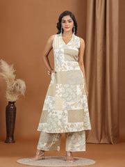 Beige Floral Printed Cotton A-Line Co-ord Set
