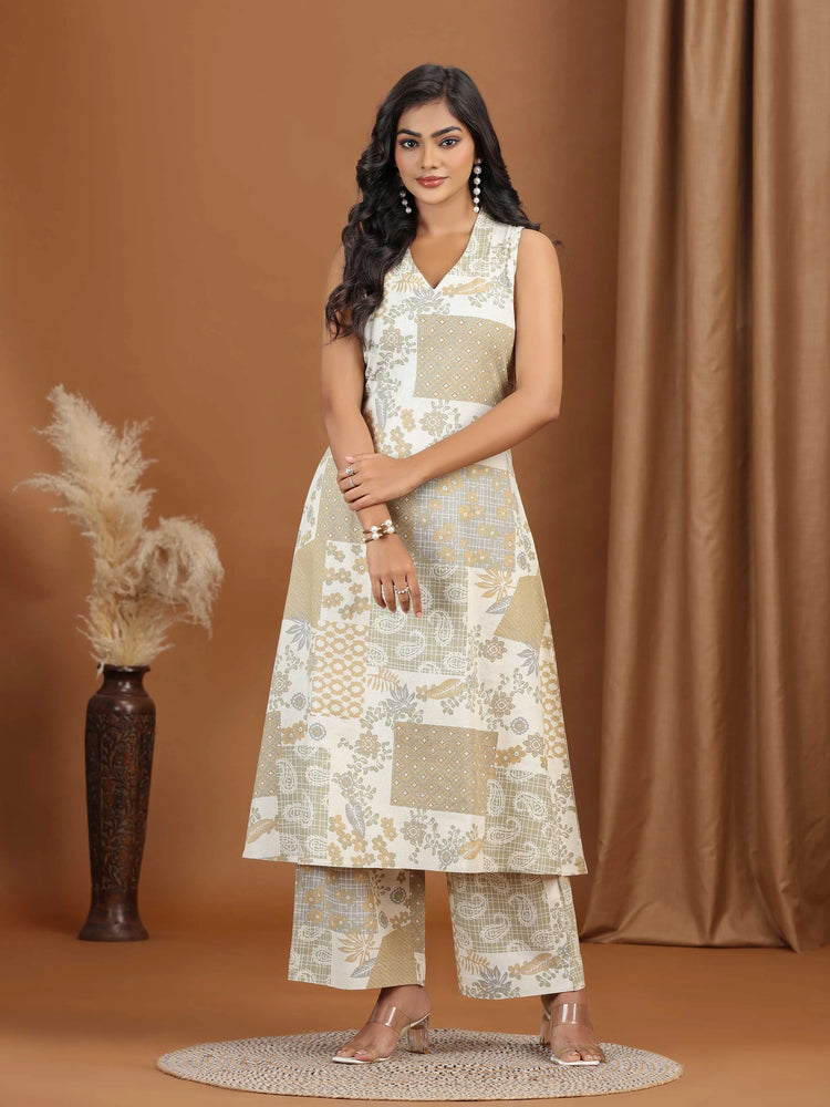 Beige Floral Printed Cotton A-Line Co-ord Set