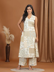 Beige Floral Printed Cotton A-Line Co-ord Set