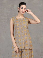 Beige Floral Printed Cotton Straight Co-ord Set