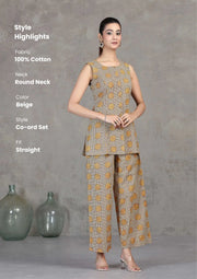 Beige Floral Printed Cotton Straight Co-ord Set
