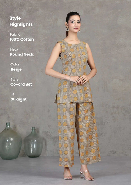 Beige Floral Printed Cotton Straight Co-ord Set