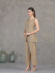 Beige Floral Printed Cotton Straight Co-ord Set