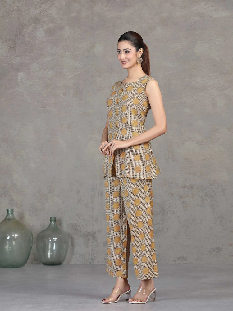 Beige Floral Printed Cotton Straight Co-ord Set