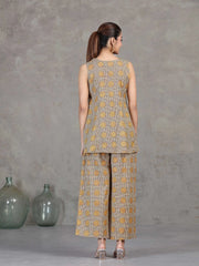 Beige Floral Printed Cotton Straight Co-ord Set