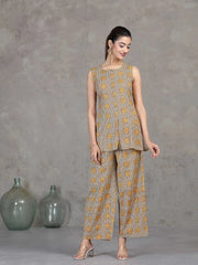 Beige Floral Printed Cotton Straight Co-ord Set