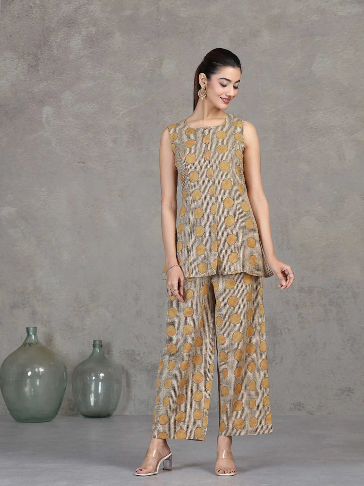 Beige Floral Printed Cotton Straight Co-ord Set