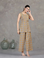 Beige Floral Printed Cotton Straight Co-ord Set
