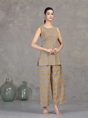 Beige Floral Printed Cotton Straight Co-ord Set
