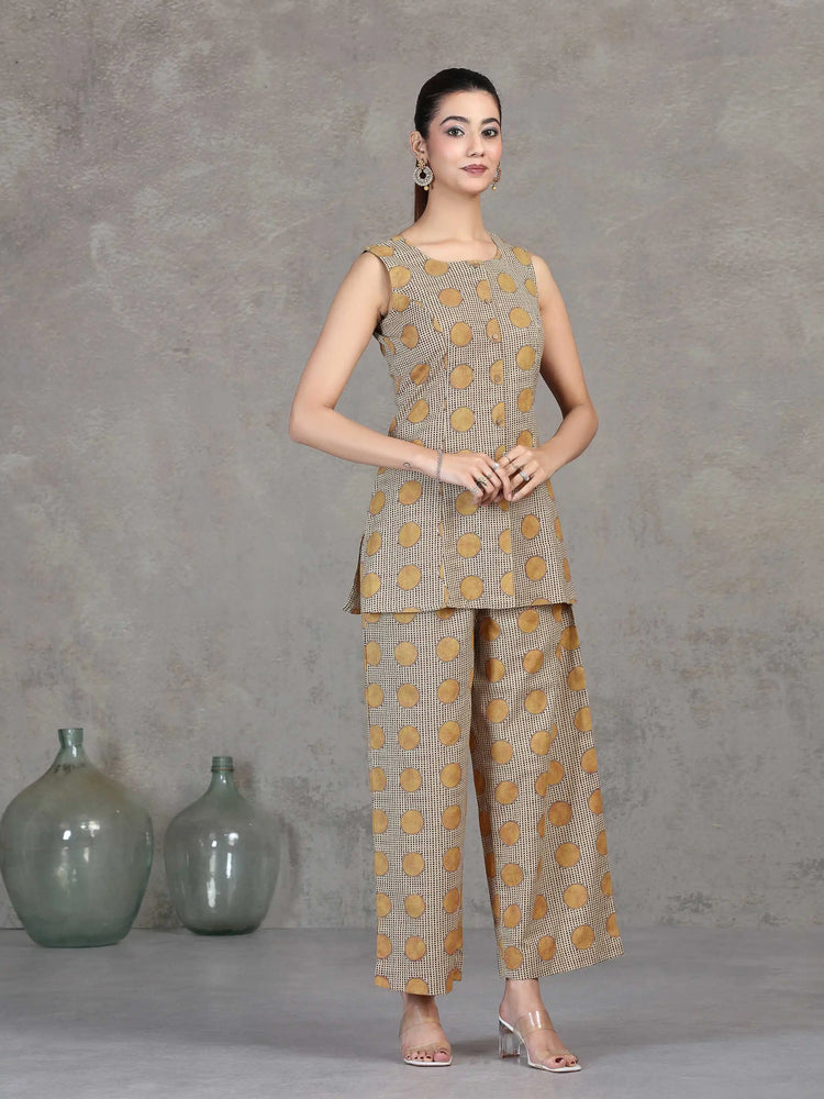 Beige Floral Printed Cotton Straight Co-ord Set