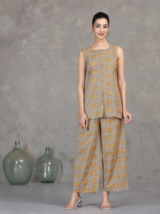 Beige Floral Printed Cotton Straight Co-ord Set