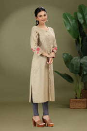 Beige Handloom Cotton Embroidered Straight Kurta