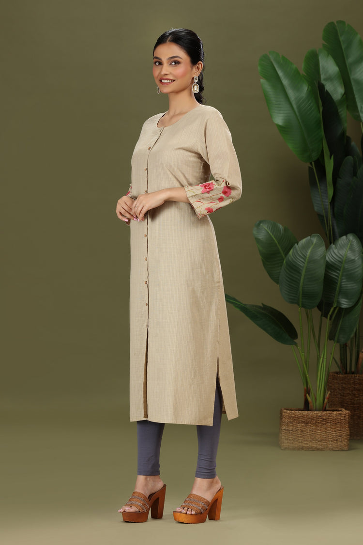 Beige Handloom Cotton Embroidered Straight Kurta
