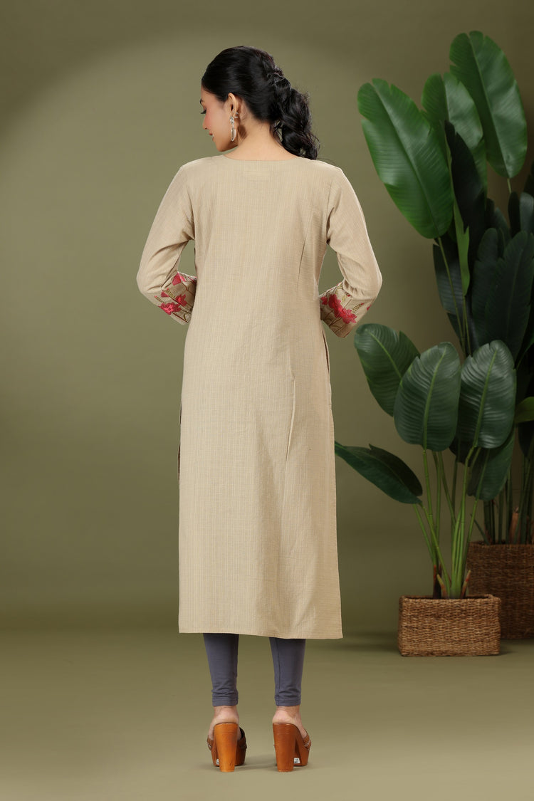 Beige Handloom Cotton Embroidered Straight Kurta