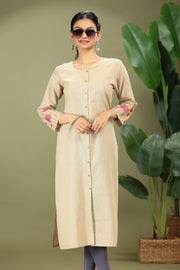 Beige Handloom Cotton Embroidered Straight Kurta