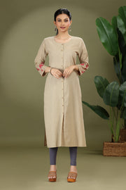 Beige Handloom Cotton Embroidered Straight Kurta