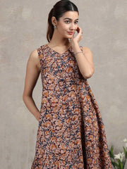 Beige Jaipuri Printed Cotton A-Line Kurta