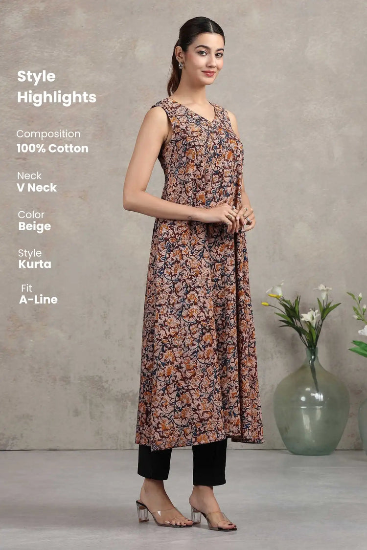 Beige Jaipuri Printed Cotton A-Line Kurta
