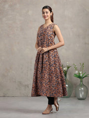 Beige Jaipuri Printed Cotton A-Line Kurta