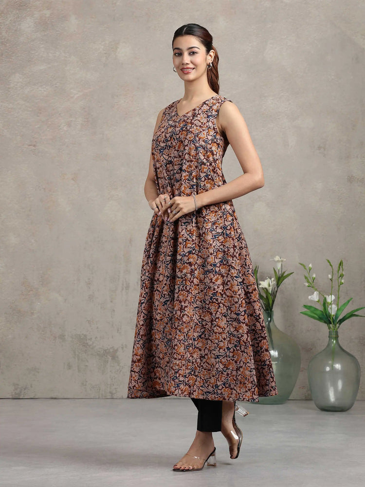 Beige Jaipuri Printed Cotton A-Line Kurta