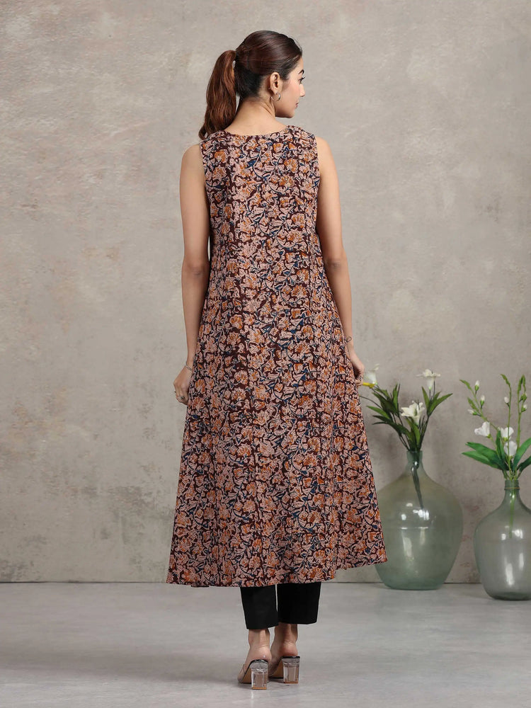 Beige Jaipuri Printed Cotton A-Line Kurta